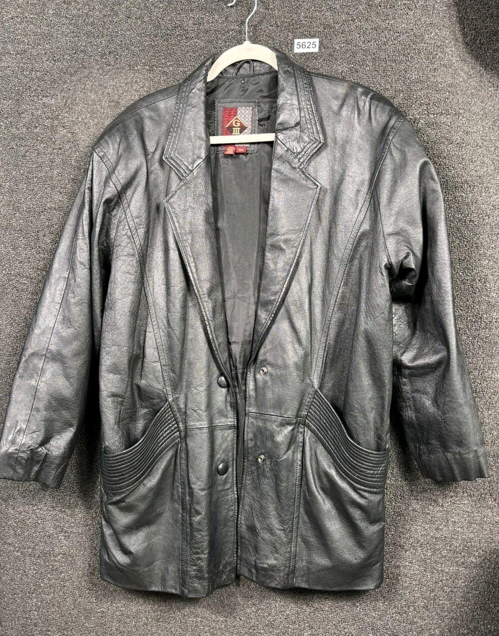 G-III Genuine Leather Jacket Coat Womens Size Medium Black Longline Pockets